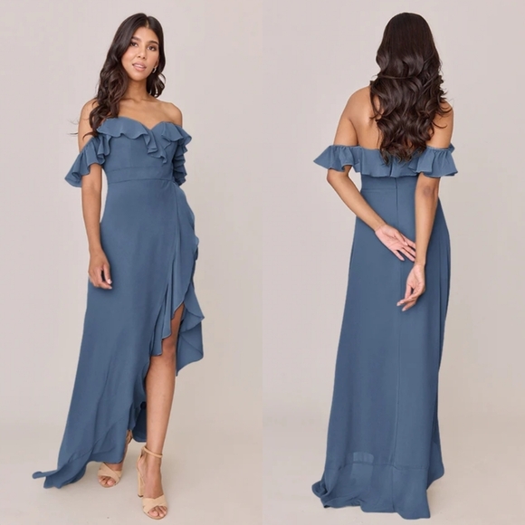 Revelry Dresses & Skirts - New Revelry Scarlet Chiffon Ruffle Off the Shoulder Faux Wrap Maxi Dress Tall